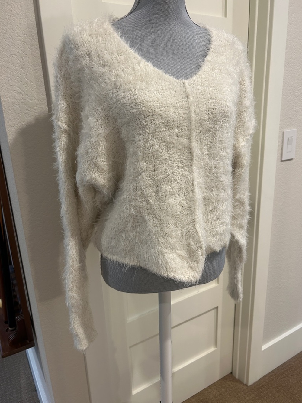 Free People Fuzzy V-Neck Sweater in vanilla